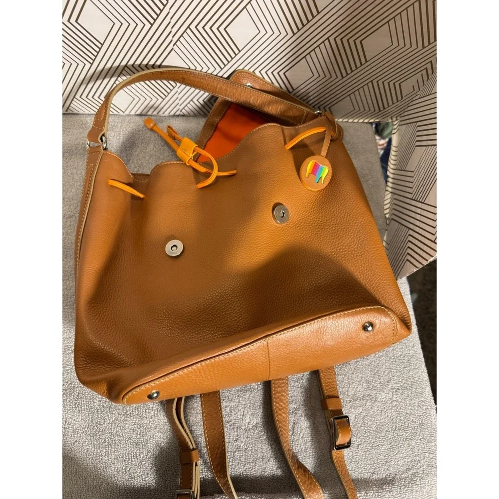 MyWalit Leather Brown  Backpack purse with orange trim Shoulder Bag‎ Italy